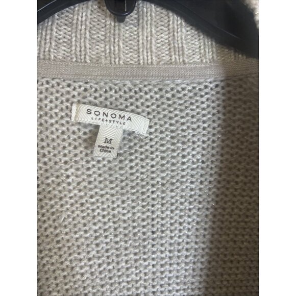 Cozy Sonoma Open Front Long Cardigan Sweater Beige Nordic Argyle Pockets M - Picture 2 of 6